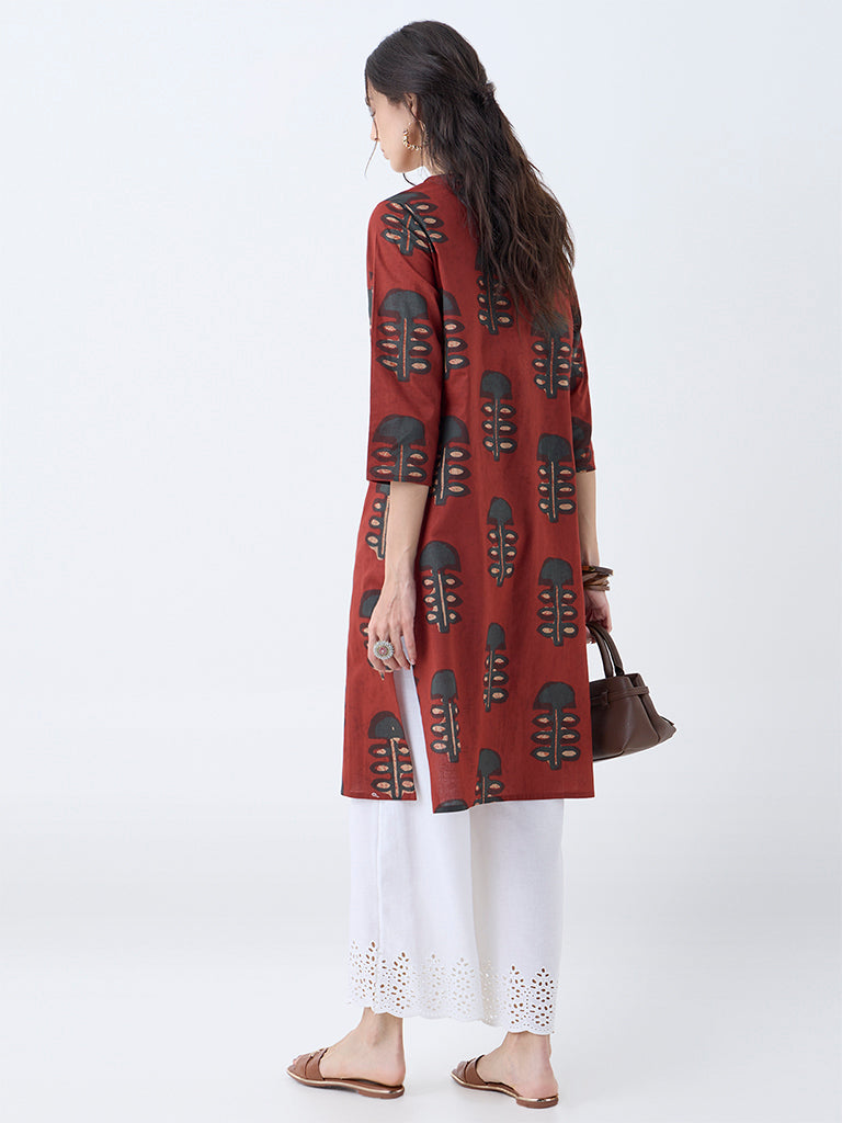 Utsa Maroon Mushroom Printed Cotton Straight Kurta