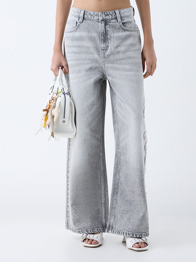 Nuon Grey Faded Wide-Leg Mid-Rise Jeans