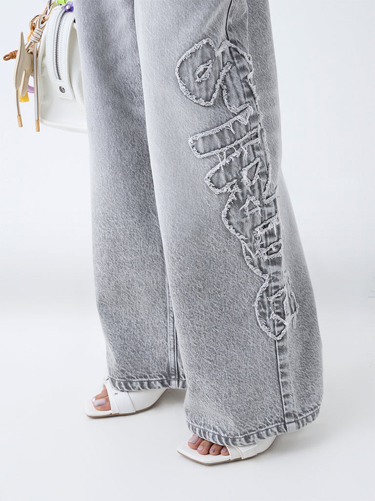 Nuon Grey Faded Wide-Leg Mid-Rise Jeans