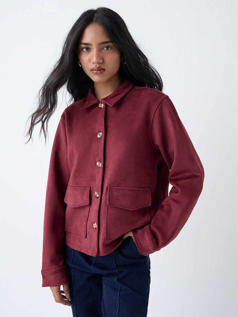 LOV Burgundy Solid Faux Suede Jacket