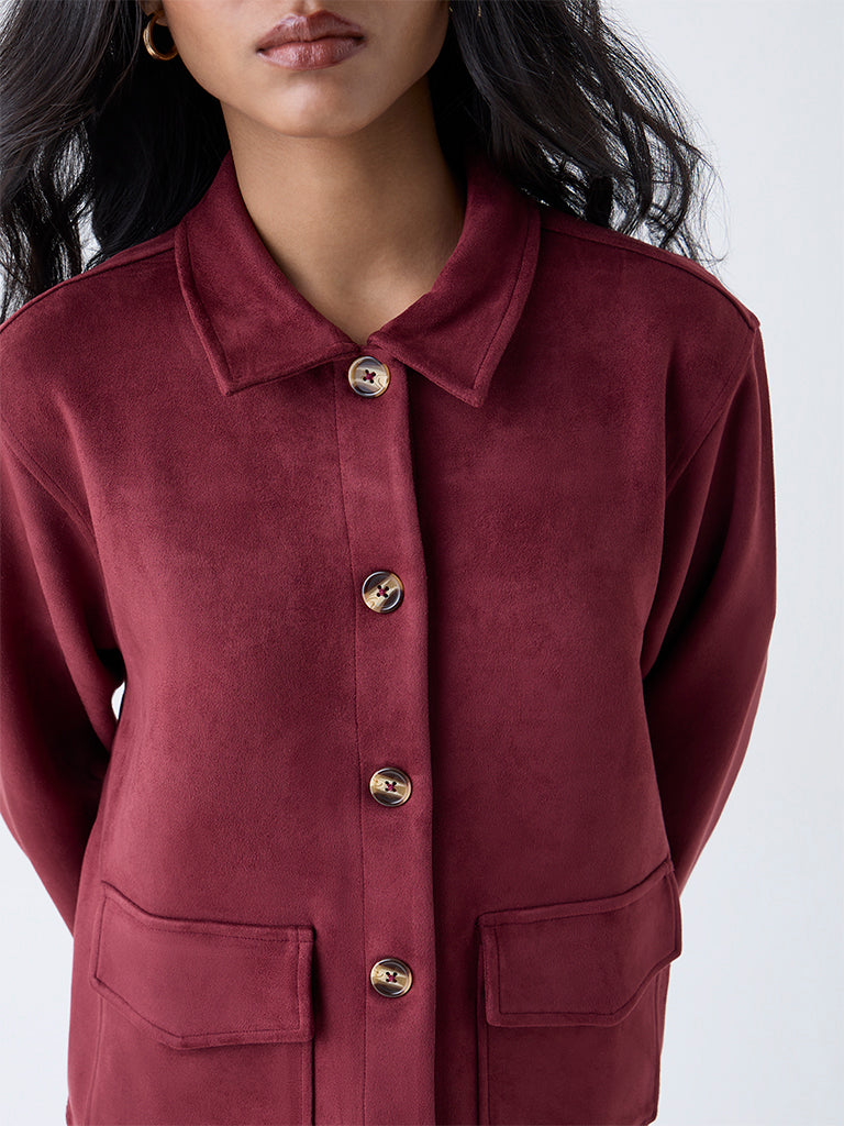 LOV Burgundy Solid Faux Suede Jacket