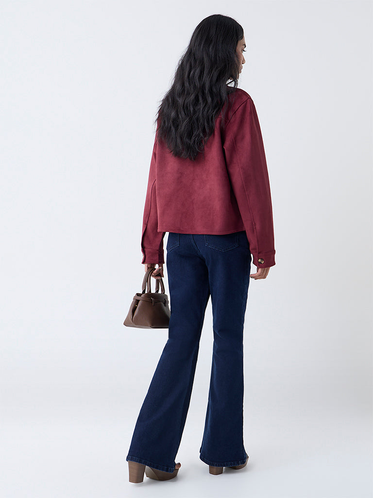 LOV Burgundy Solid Faux Suede Jacket