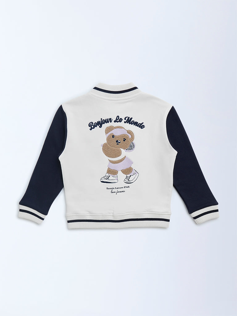 HOP Kids White Colour-Blocked Cotton-Blend Varsity Jacket