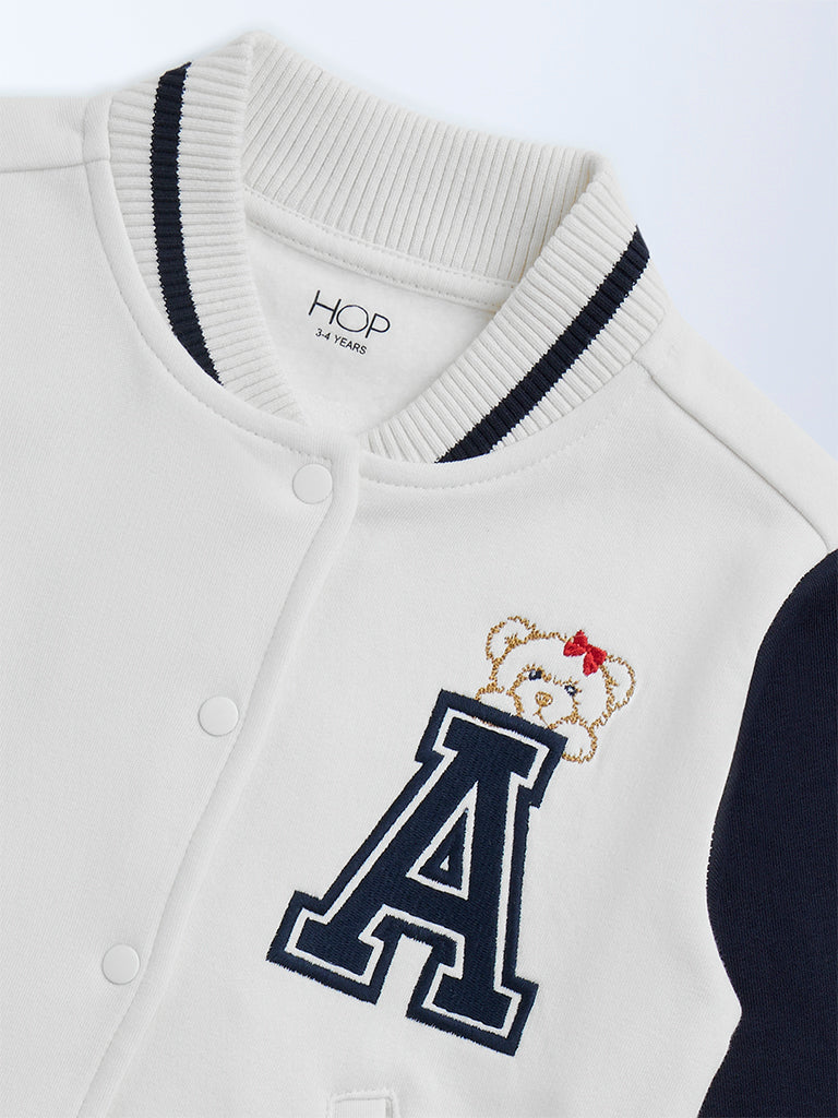 HOP Kids White Colour-Blocked Cotton-Blend Varsity Jacket