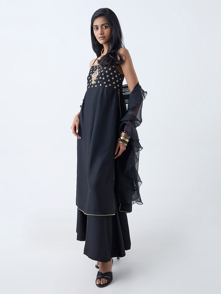 Vark Black Zari Embroidered A-Line Ethnic Set