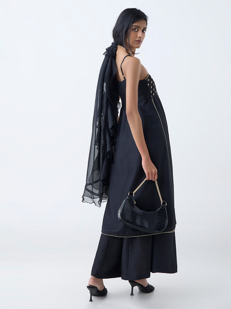 Vark Black Zari Embroidered A-Line Ethnic Set