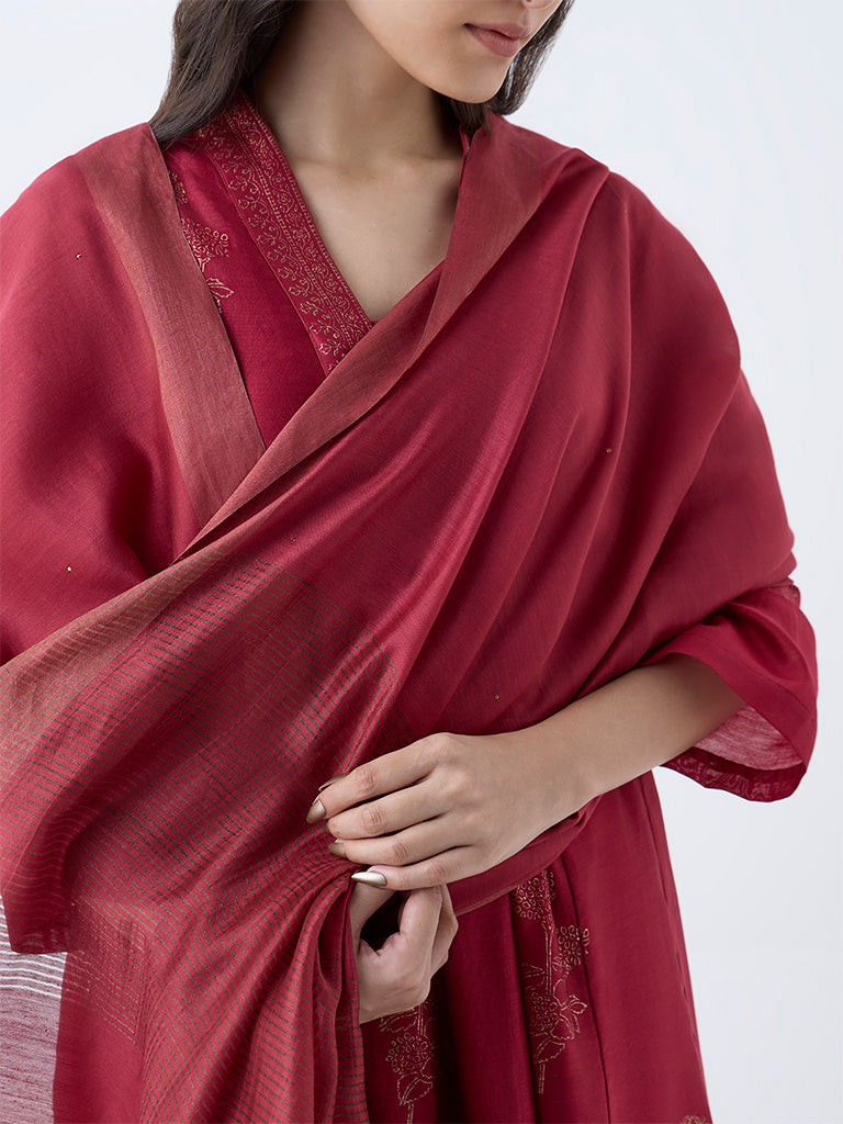 Zuba Red Striped Cotton-Blend Dupatta