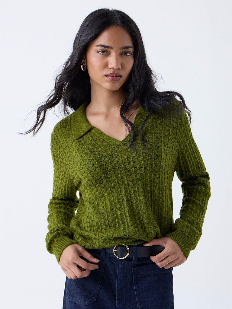 LOV Green Knit-Textured Sweater