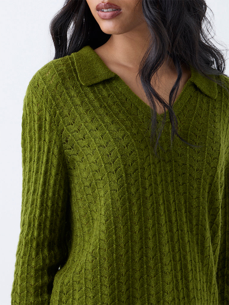 LOV Green Knit-Textured Sweater