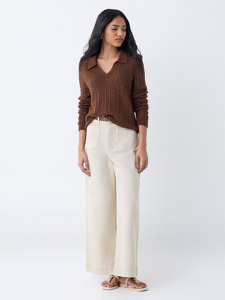 LOV Brown Knit-Textured Sweater