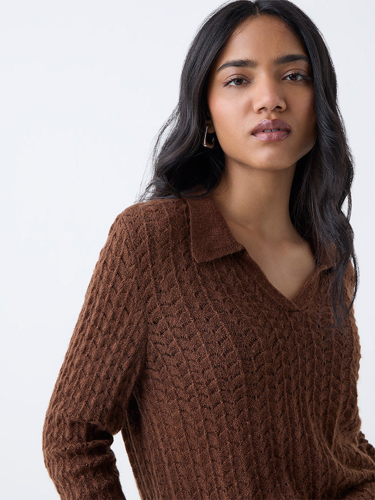 LOV Brown Knit-Textured Sweater