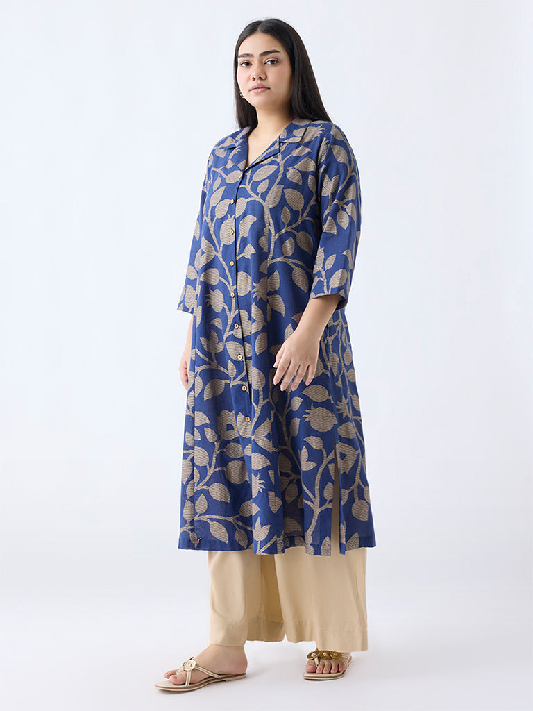 Diza Blue Floral Detailed A-Line Cotton Kurta