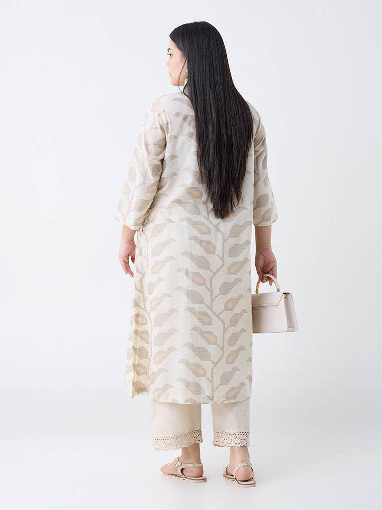 Diza Off-White Botanical Design Cotton-Blend A-Line Kurta