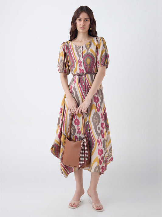 Utsa Multicolour Ikat Pattern Asymmetric Dress with Belt