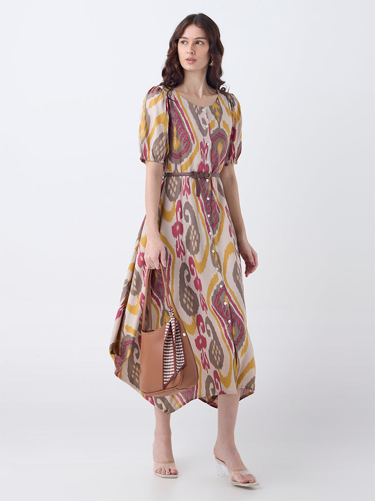 Utsa Multicolour Ikat Pattern Asymmetric Dress with Belt