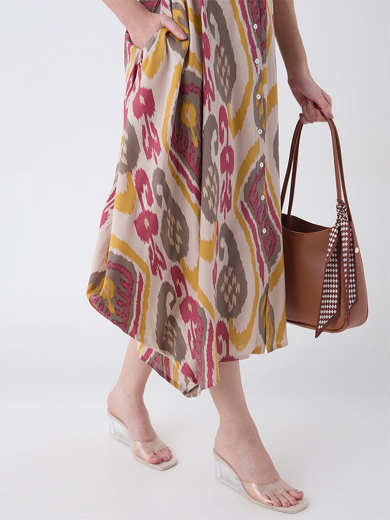 Utsa Multicolour Ikat Pattern Asymmetric Dress with Belt