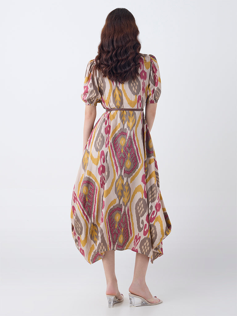 Utsa Multicolour Ikat Pattern Asymmetric Dress with Belt