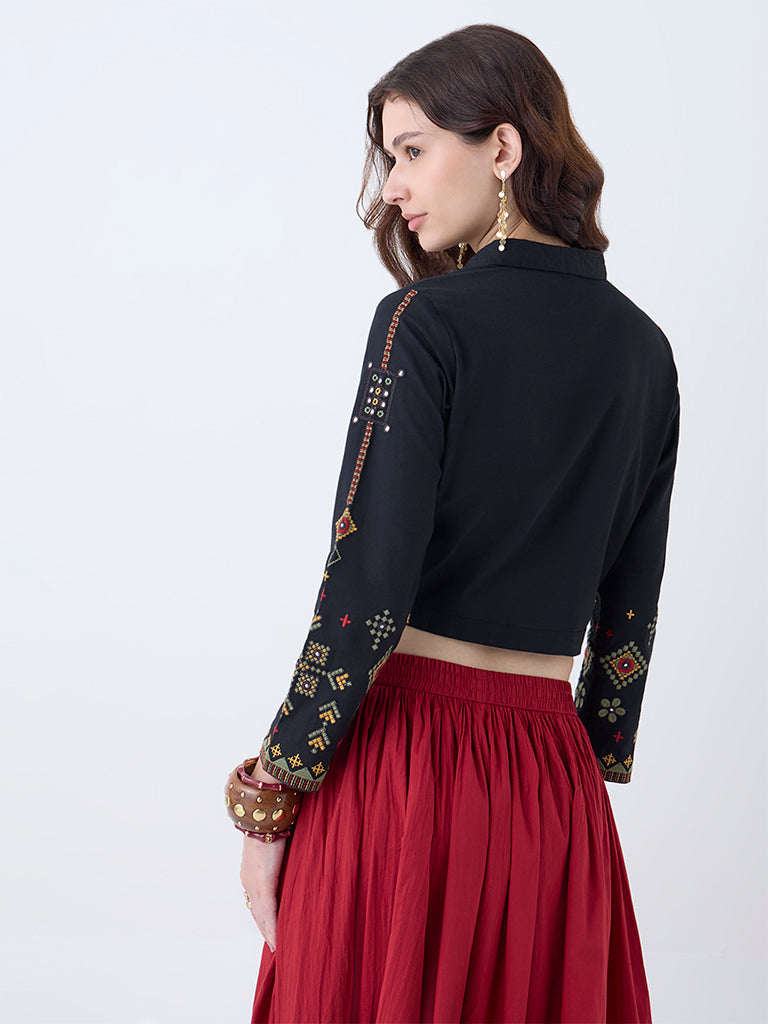 Utsa Black Embroidered Cotton-Blend Ethnic Shirt
