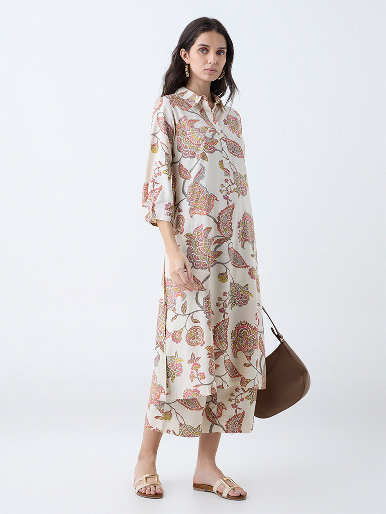 Utsa Beige Botanical Pattern Ethnic Pants