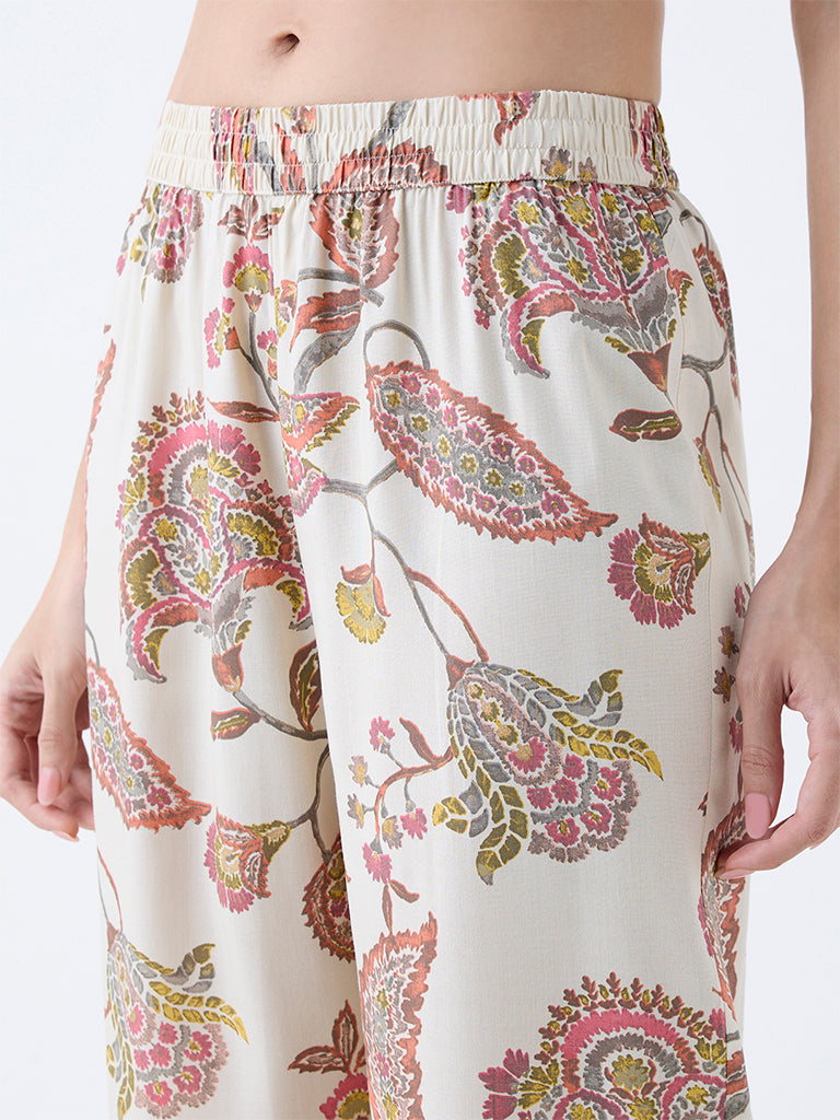 Utsa Beige Botanical Pattern Ethnic Pants