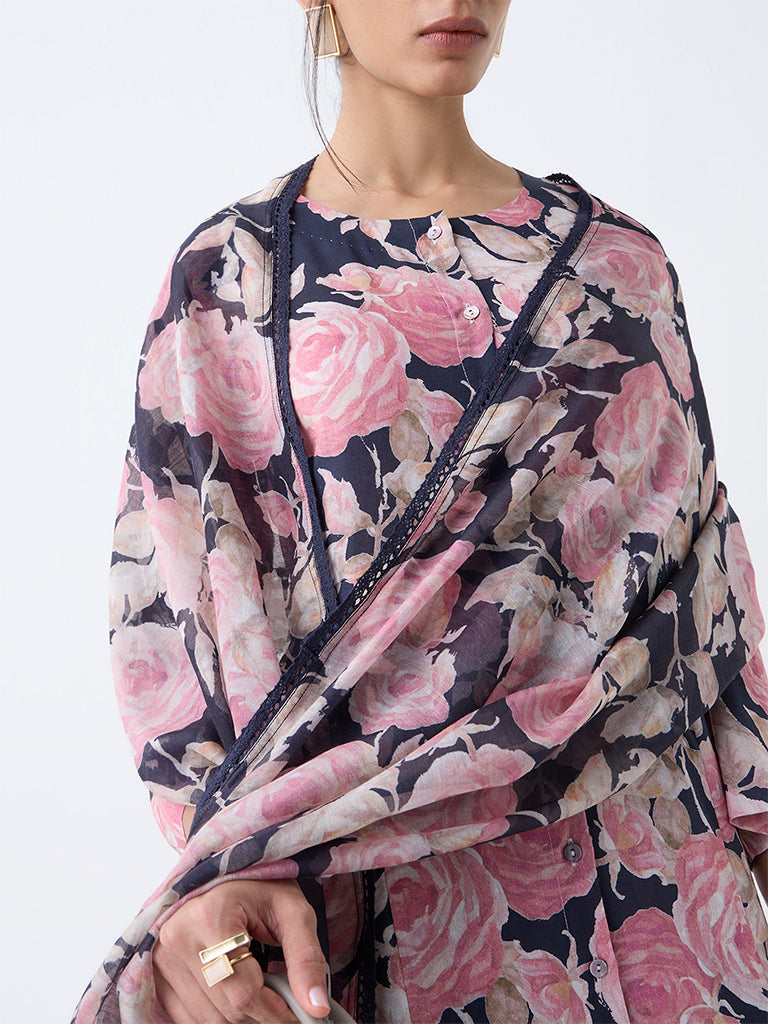 Zuba Black Floral Detailed Dupatta