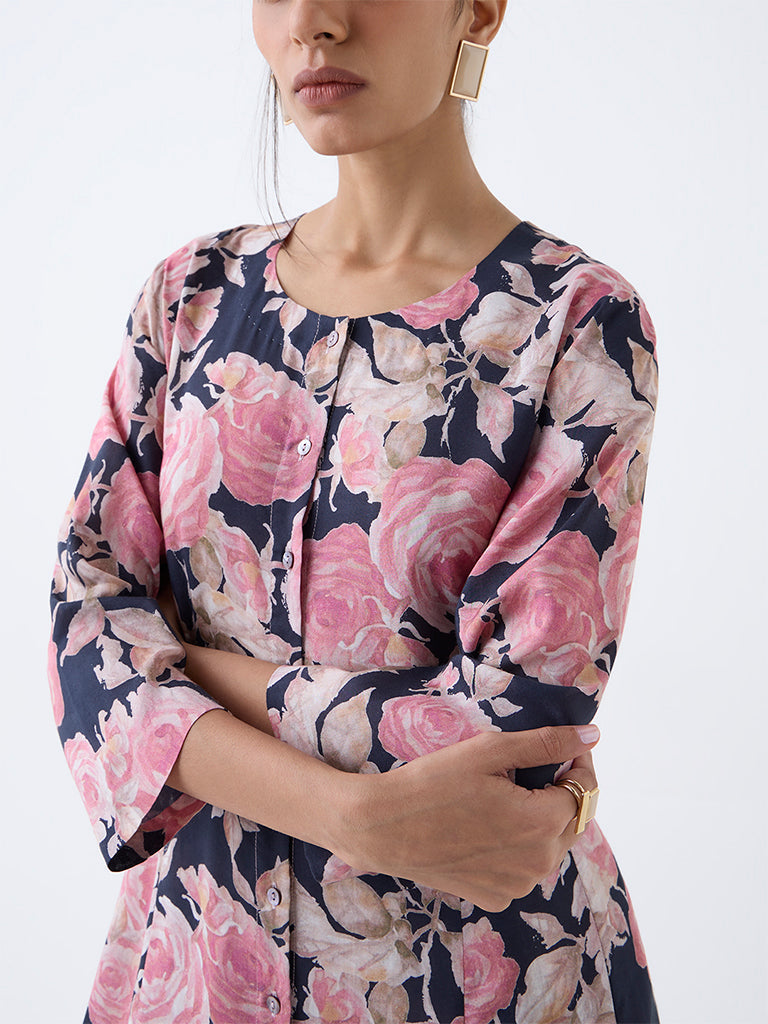Zuba Black Floral Pattern A-Line Kurta