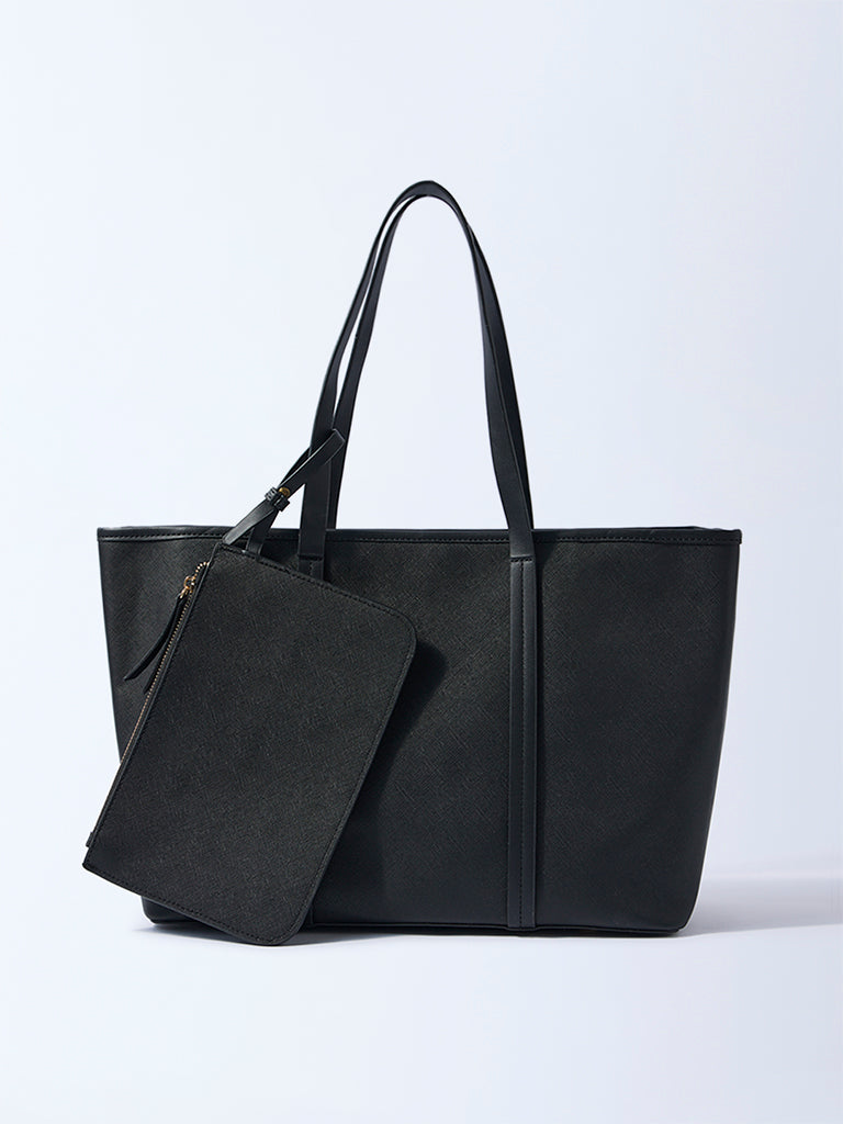 Westside Black Panel-Detailed Tote Bag with Laptop Sleeves and Pouch
