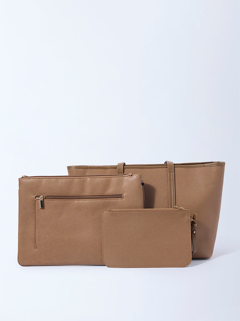 Westside Tan Panel-Detailed Tote Bag with Laptop Sleeves and Pouch