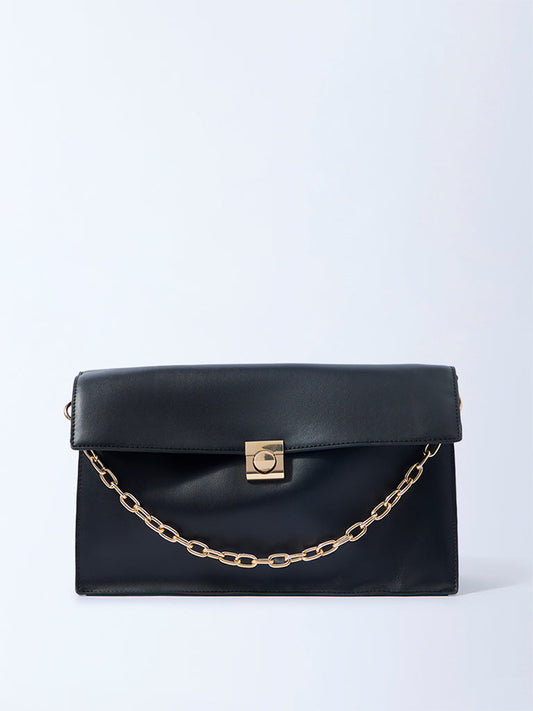 Westside Black Solid Sling Bag with Chain Handle