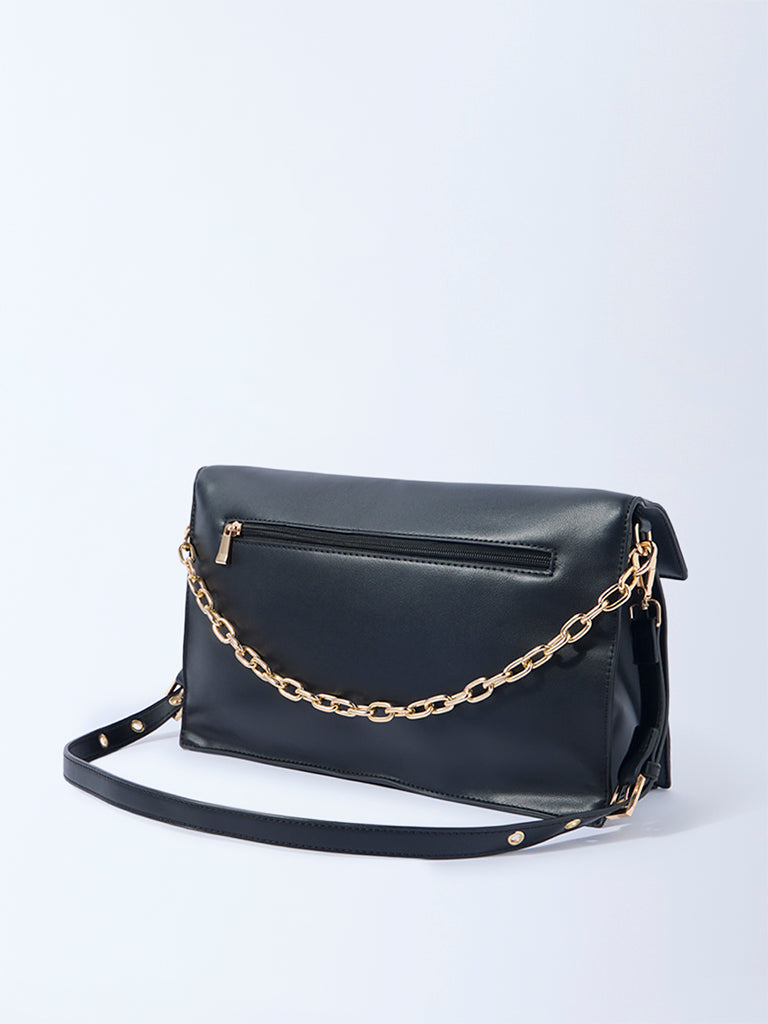 Westside Black Solid Sling Bag with Chain Handle