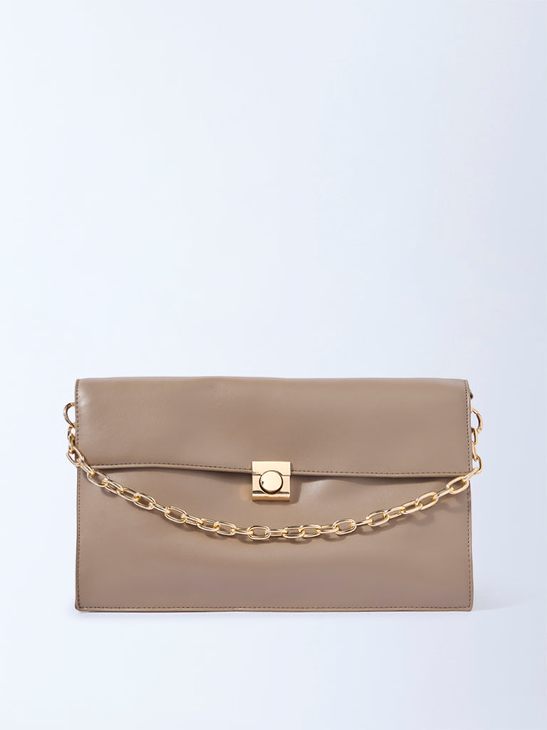 Westside Beige Solid Sling Bag with Chain Handle