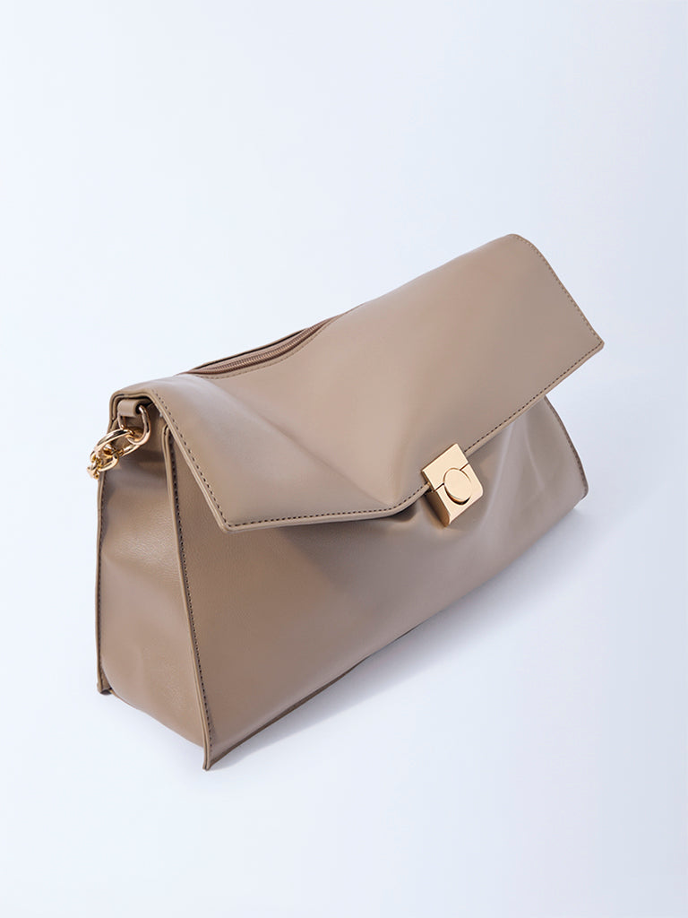 Westside Beige Solid Sling Bag with Chain Handle