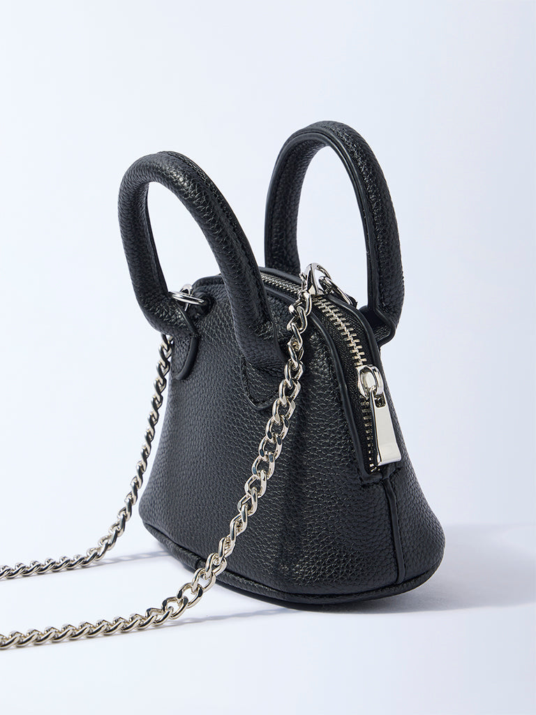 Westside Black Textured Chain-Detailed Mini Sling Bag