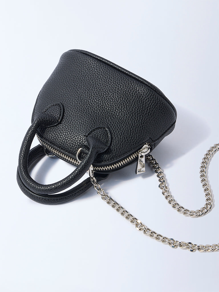 Westside Black Textured Chain-Detailed Mini Sling Bag
