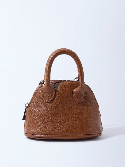 Westside Brown Textured Chain-Detailed Mini Sling Bag