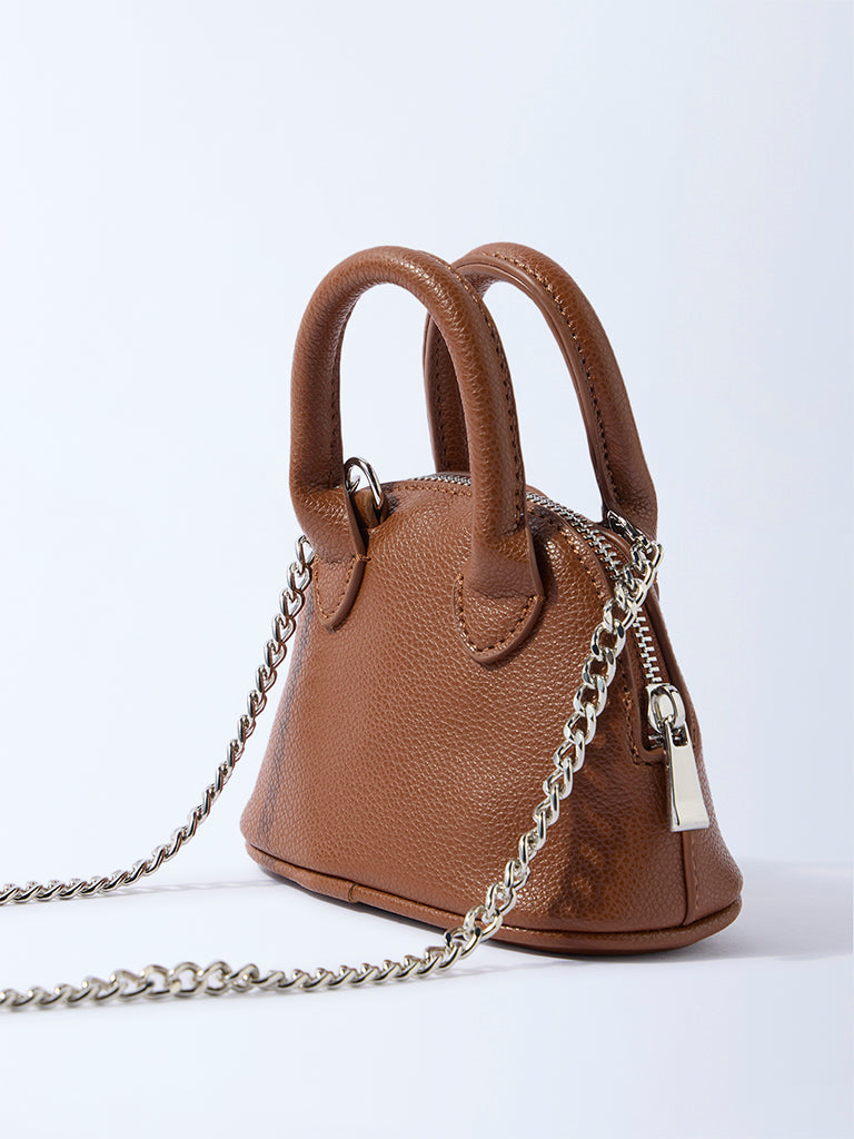 Westside Brown Textured Chain-Detailed Mini Sling Bag