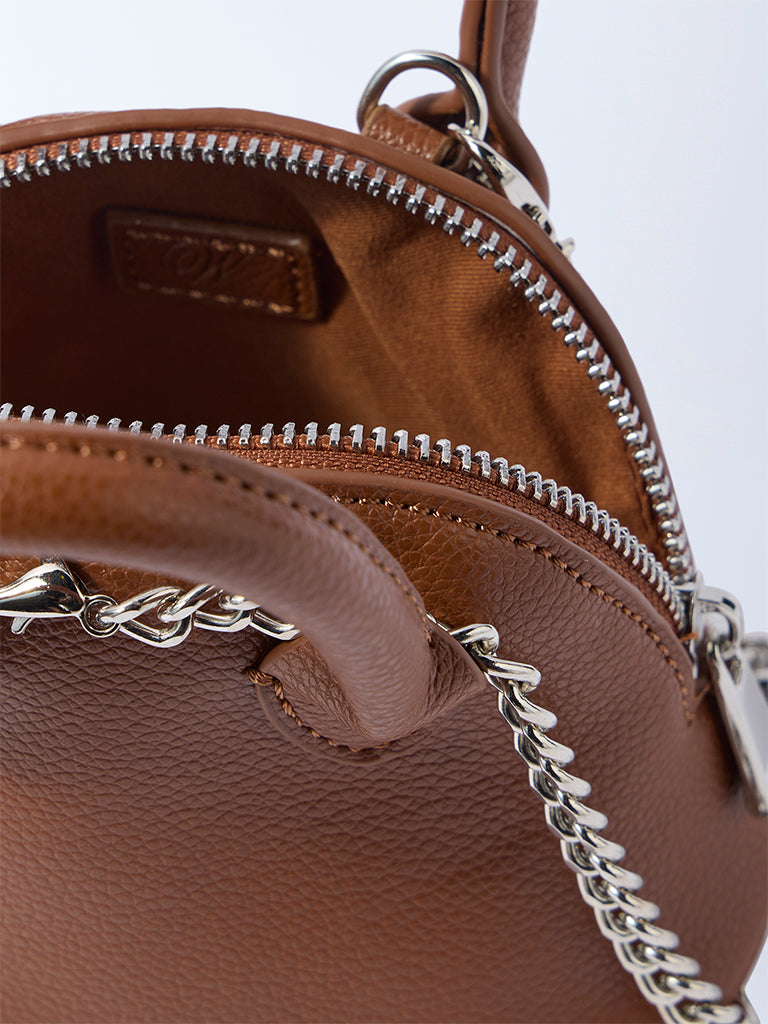 Westside Brown Textured Chain-Detailed Mini Sling Bag