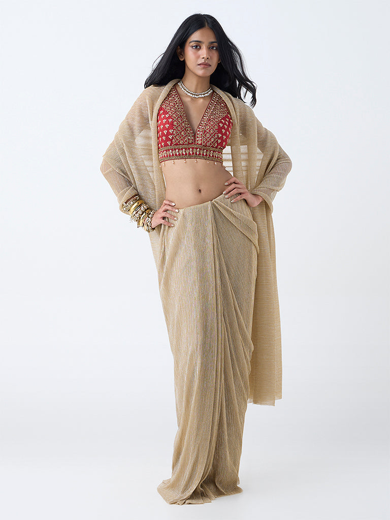 Vark Gold Plisse Texture Ready-To-Wear Saree