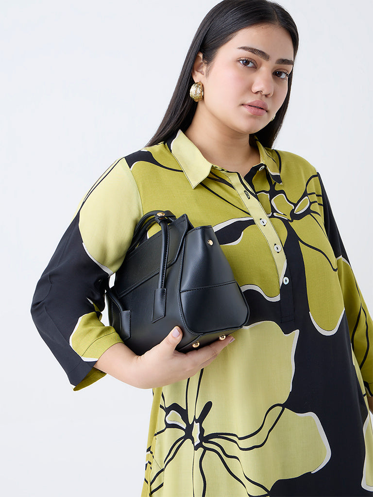 Diza Black Floral Design Cotton A-Line Kurta