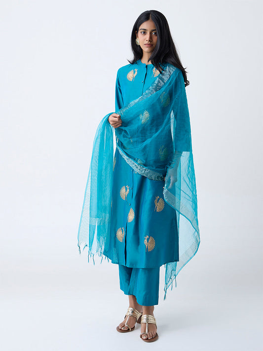 Vark Teal Sequin Embellished A-Line Ethnic Set
