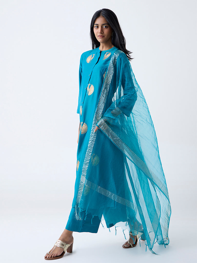 Vark Teal Sequin Embellished A-Line Ethnic Set