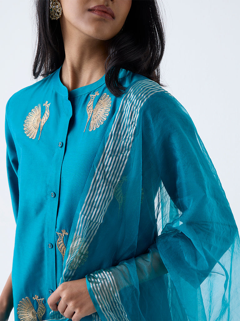 Vark Teal Sequin Embellished A-Line Ethnic Set