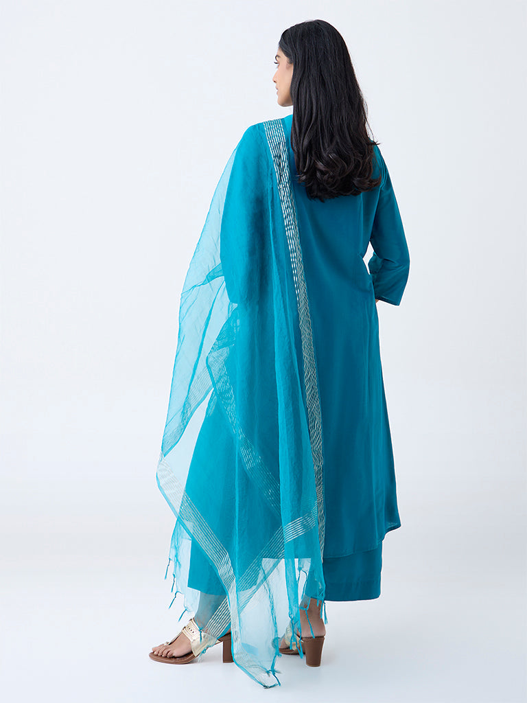 Vark Teal Sequin Embellished A-Line Ethnic Set