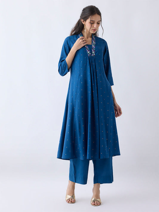 Utsa Navy Embroidered A-Line Kurta