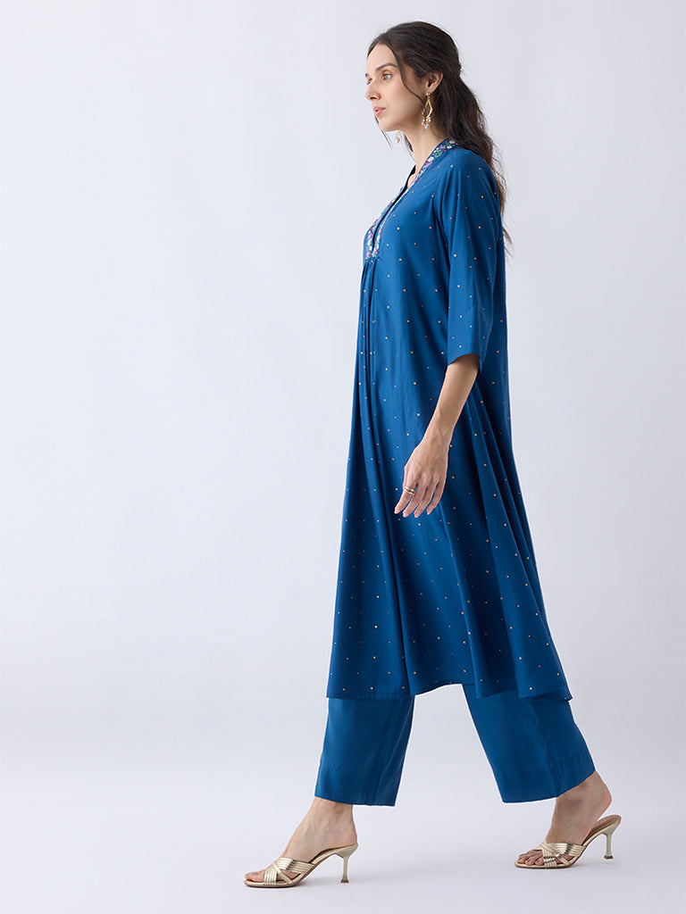 Utsa Navy Embroidered A-Line Kurta