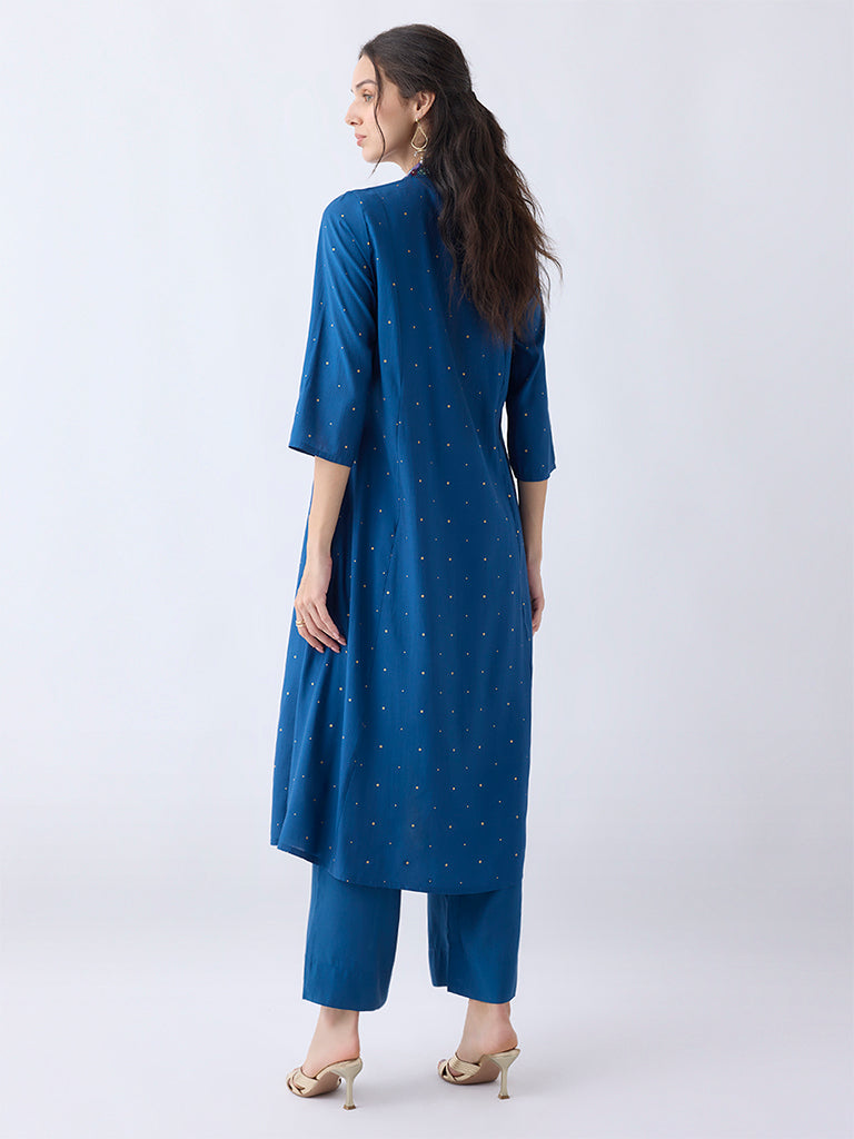 Utsa Navy Embroidered A-Line Kurta