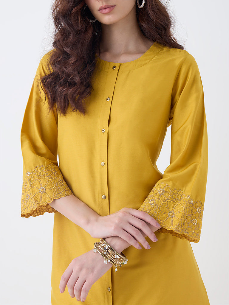 Utsa Mustard Floral Embroidered A-Line Kurta