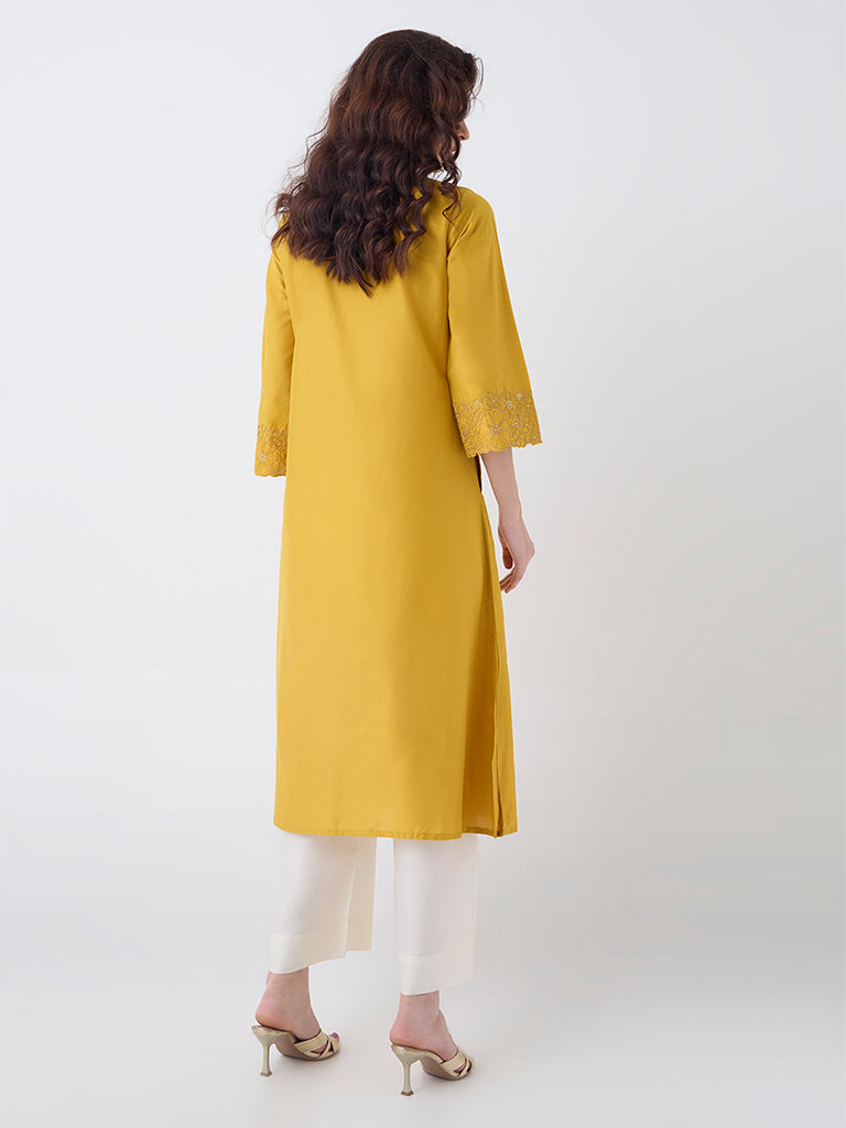 Utsa Mustard Floral Embroidered A-Line Kurta