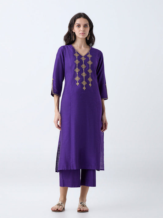 Utsa Purple Zari Embroidered Straight Kurta
