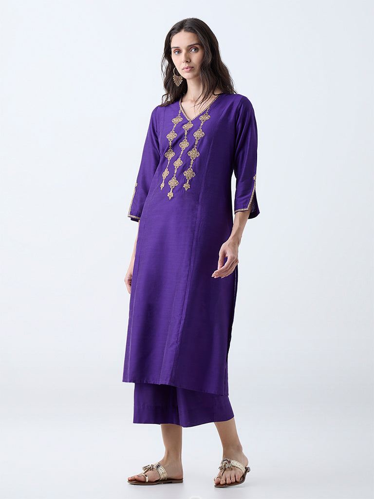 Utsa Purple Zari Embroidered Straight Kurta